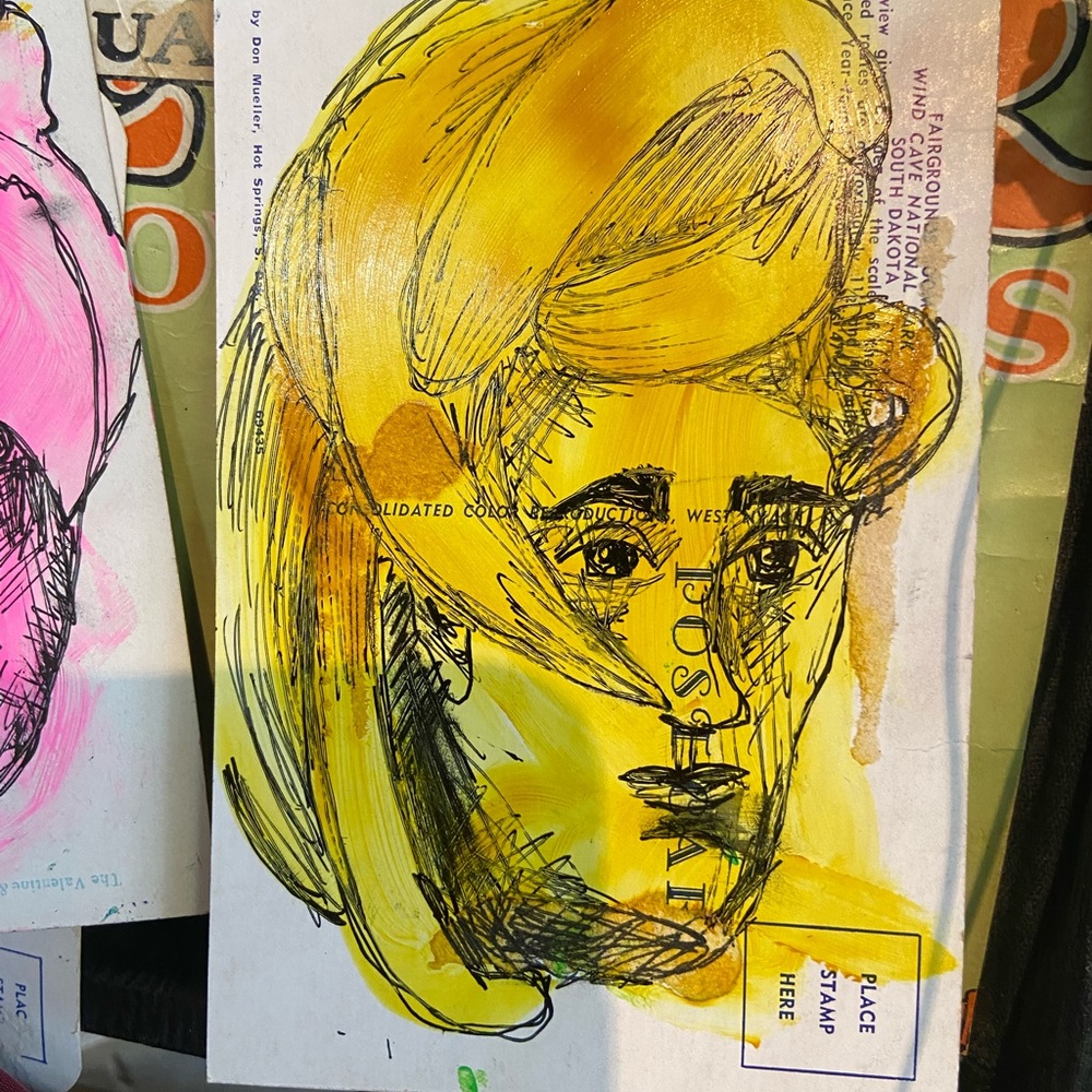 Abstract Yellow Portrait Art on a Vintage Post Card